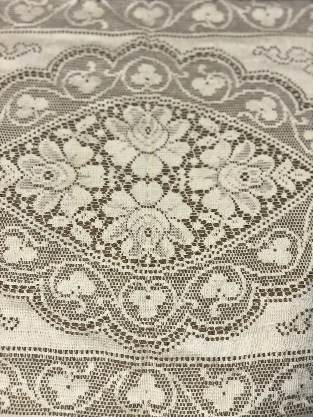 Crochet Lace Tablecloth Accent - Cream and Taupe Floral Pattern vintage